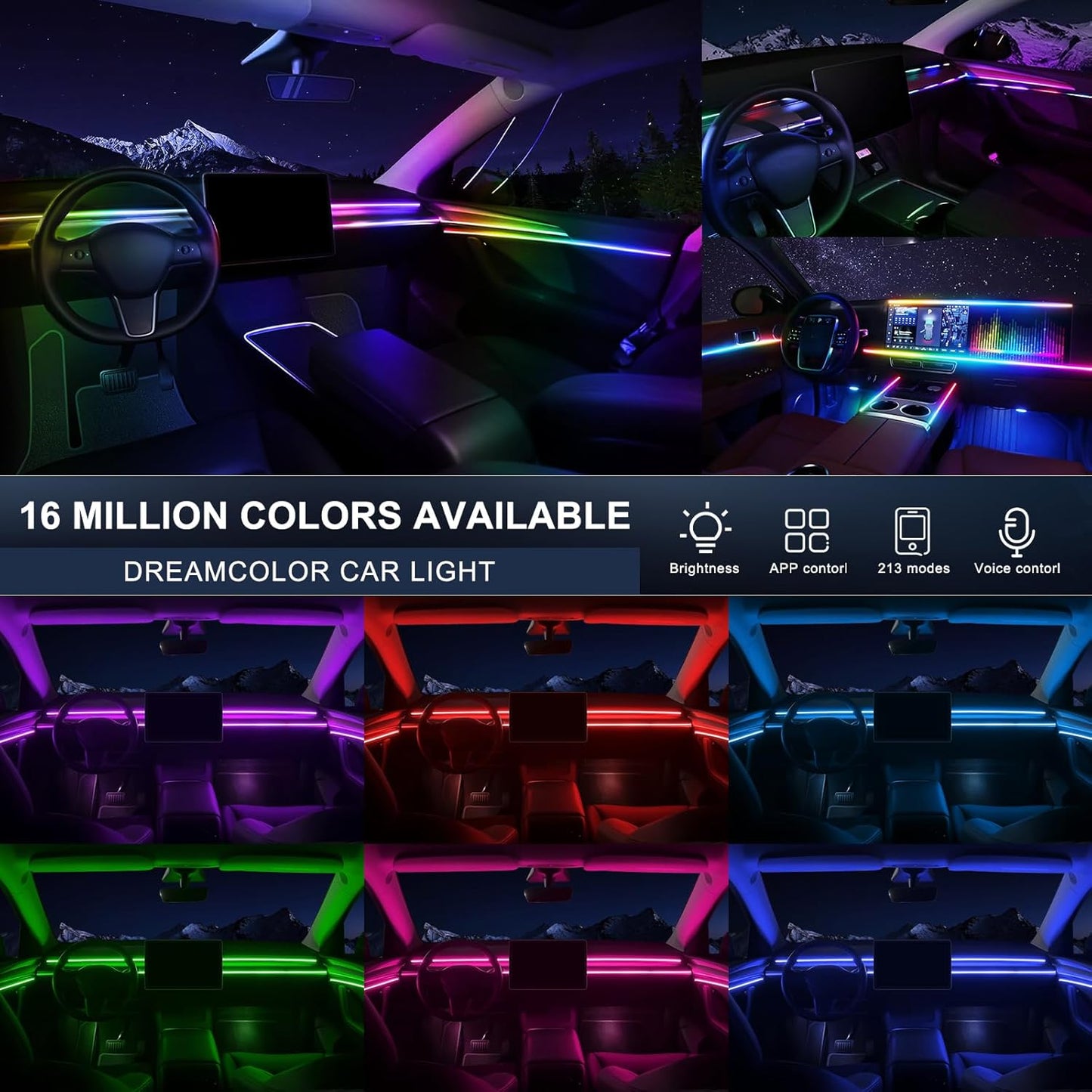 Dreamcolor Acrylic Interior Car LED Strip Light with Wireless APP, RGB 6 in 1 with 175 inches 600 LEDs Fiber Optic Car Ambient Lighting Kits, Sound Active Function LED Strip for Car Accessories