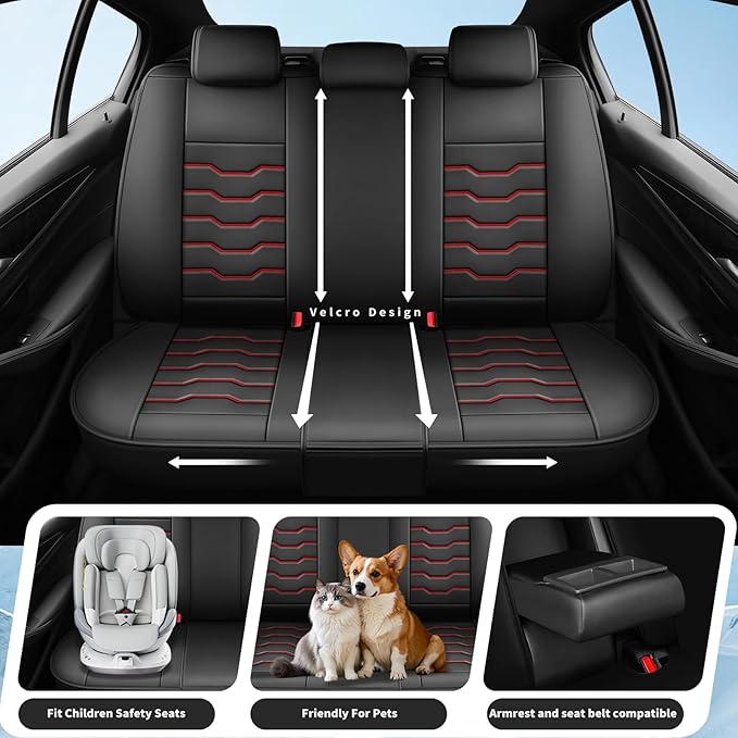 Fit Rogue Car Seat Covers Compatible with Nissan Rogue 2011-2025 2026 - Full Set Premium Leather， Waterproof Breathable， All-Weather Seat Cushion Protecto&Airbag Compatible（Red Line Black