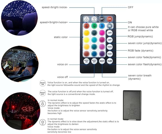 AZIMOM Car Use 6W RGBW 550pcs 0.03in 13.1ft Fiber Optic Lights Starlight Ceiling Light Kit End Glow Optic Cable Music Mode APP Remote Sensory Lighting Indoor Home Headliner Decoration