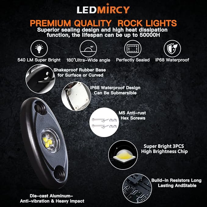 White Rock Lights,LEDMIRCY High Power Underbody Pure White LED Rock Lights 12PCS for UTV Trucks Off Road ZRZ Auto Car Boat ATV SUV Waterproof High Power Neon Trail Rig Light Shockproof