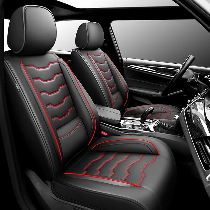 Fit Leaf Car Seat Covers Compatible with Nissan Leaf 2012-2025 2026 - Premium Leather，Waterproof Breathable，All-Weather Seat Cushion Protecto&Airbag Compatible (2 Front Seat Red Line Black)