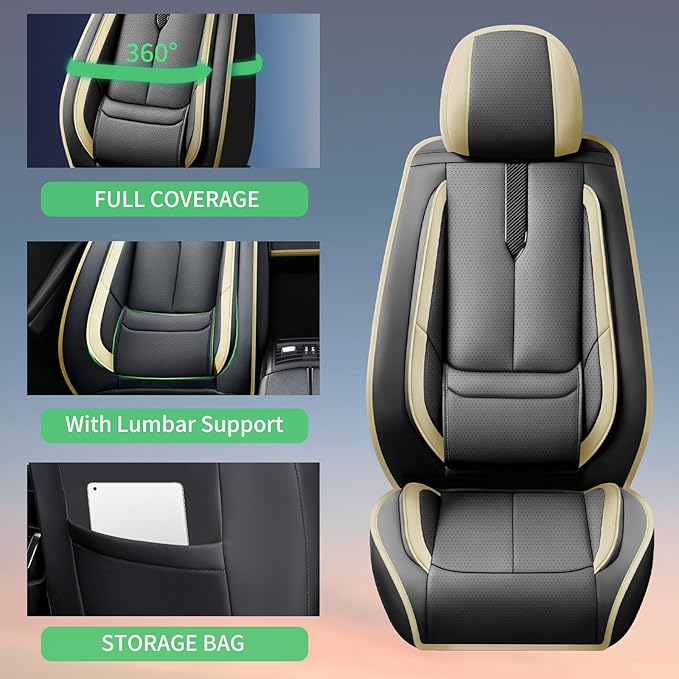 Fit Accent Car Seat Covers for Hyundai Accent 2006-2025 2026 -Upgraded Premium Waterproof & Breathable Leather,Airbag Compatible,All-Weather Seat Cushion Protector,2 Front/Black-Beige