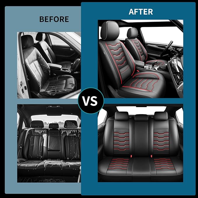 Fit Prius Car Seat Covers for Toyota Prius 2001-2025 2026 -Premium Leather, Waterproof，Breathable，All-Weather Seat Cushion Protecto & Airbag Compatible, 2 Front Seat Red Line Black