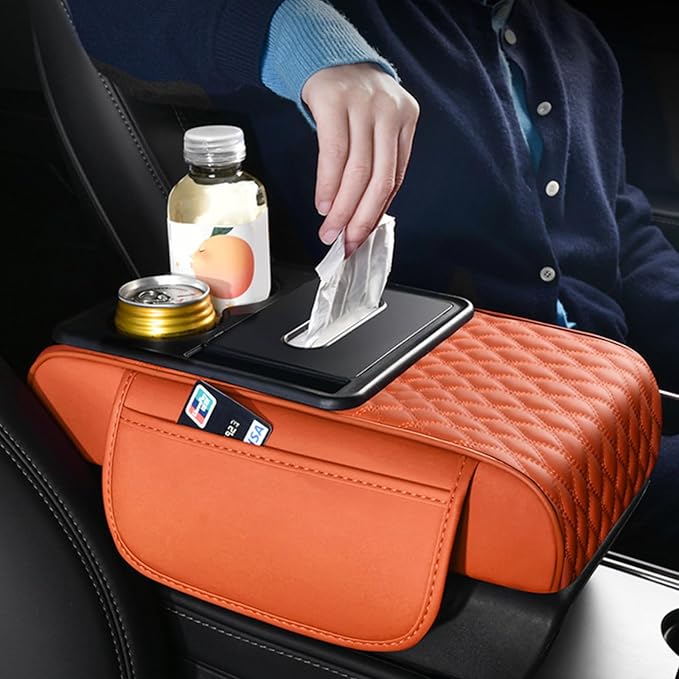 5-in-1 Car Armrest Pad Cushion, Water Ripple Embossed Center Console Booster Pad with Tissue Box, Cup Holder, Storage Bag, Phone Slot, Fit for Most Sedan Vehicles (Water Ripple Series, Grey)