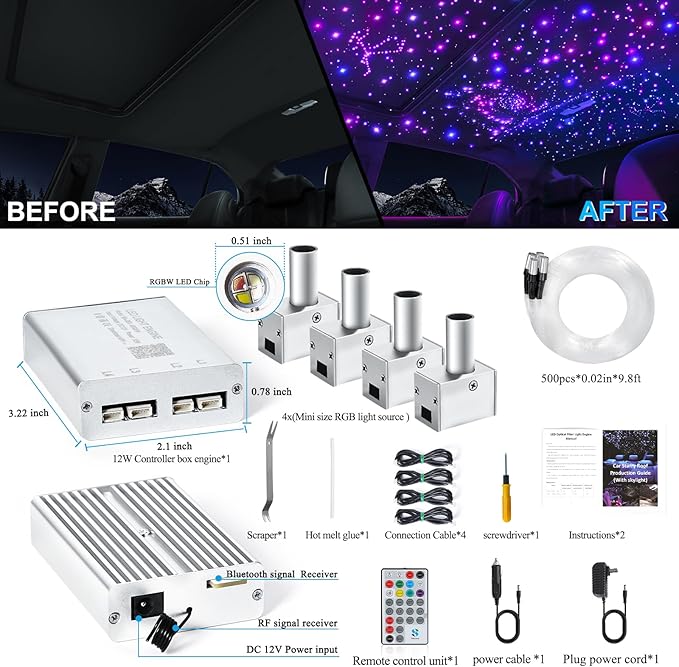 Split 4 Colors 12W Car Starlight Headliner Kit 500pcs*0.02in*9.8ft with APP&RF Remote,RGBW Fiber Optic Strands Star Roof Lights,4 Port Engine Sound Activated Star Ceiling Lights for Car/Home Decor