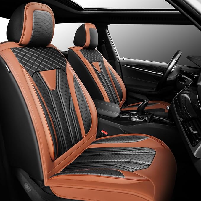 Fit Juke Car Seat Covers Compatible with Nissan Juke 2012-2015 2016 - Premium Leather， Waterproof Breathable， All-Weather Seat Cushion Protecto&Airbag Compatible (2 Front Seat Brown&Black)