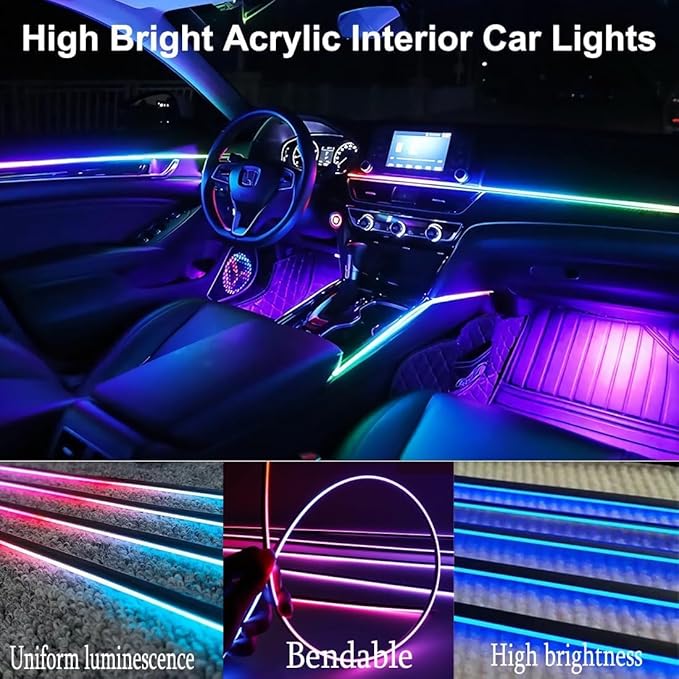 Acrylic Interior Car LED Strip Light with APP Remote Control,235 inches 8 in 1 RGB Dreamcolor Neon Flexible Strip Fiber Optic LED Ambient Lighting Kits,RGB Music Lights Sync for Inside car Decorations