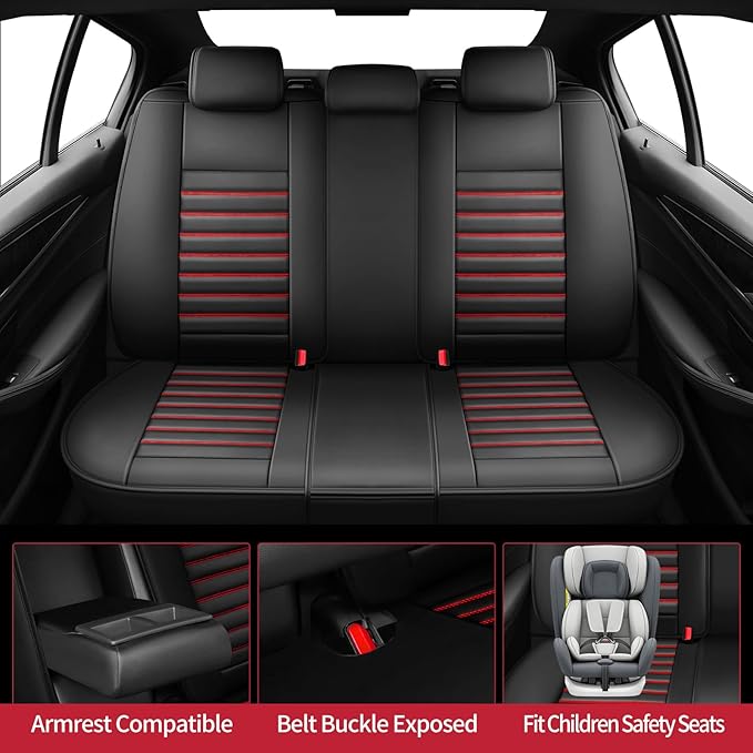 Fit Kona Car Seat Covers for Hyundai Kona 2018-2024 2025 2026 - Upgraded Premium Waterproof & Breathable Leather,Airbag Compatible, All-Weather Seat Cushion Protector(Full Set,Black+Red)