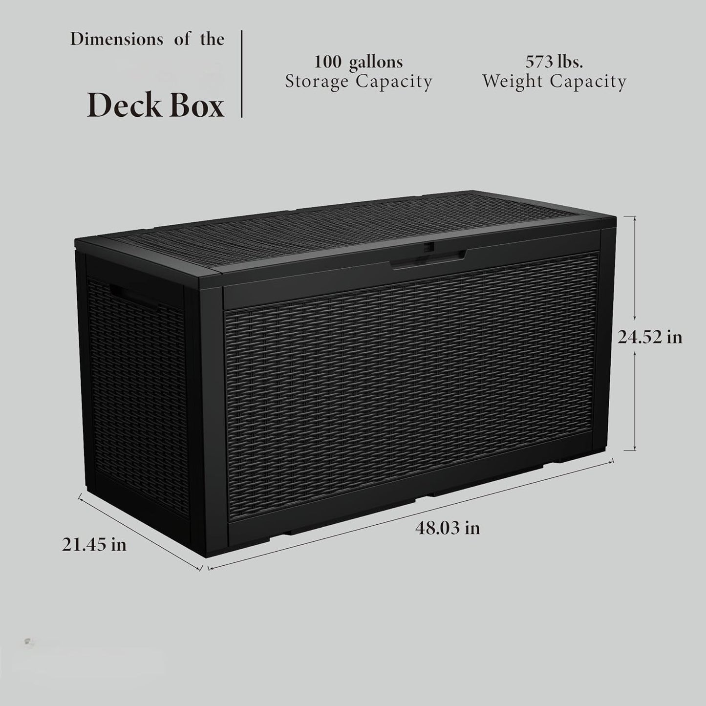 100 Gallon Resin Deck Box, Waterproof Outdoor Storage Bin for Patio Furniture, Pool Accessories, and Garden Tools, Lockable & UV-Resistant, Black