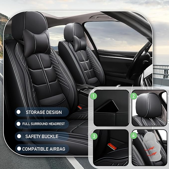 Leather Car Seat Covers Fit for Toyota RAV4 Hybrid 2016-2024, 5 Seater Car Seat Cover, Premium Waterproof, Scratch Resistant Car Interior Accessories (Full Set with Pillow Black)