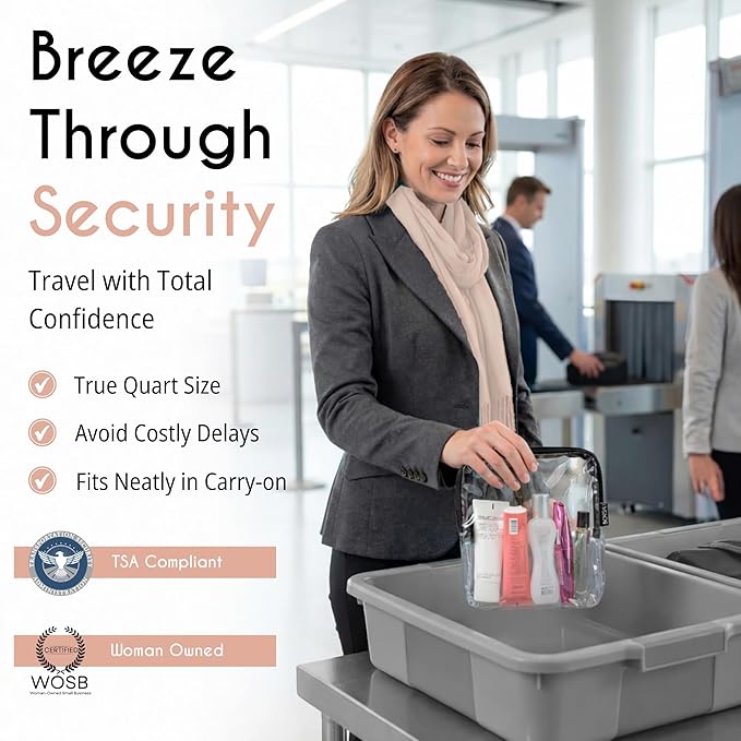 BORSALI TSA Approved Toiletry Bag - Clear Quart Size for 3-1-1 LIquids for Carry On Travel - Toiletries Organizer - Cosmetic Pouch with Zipper - Travel Accessories - Cream with Handle