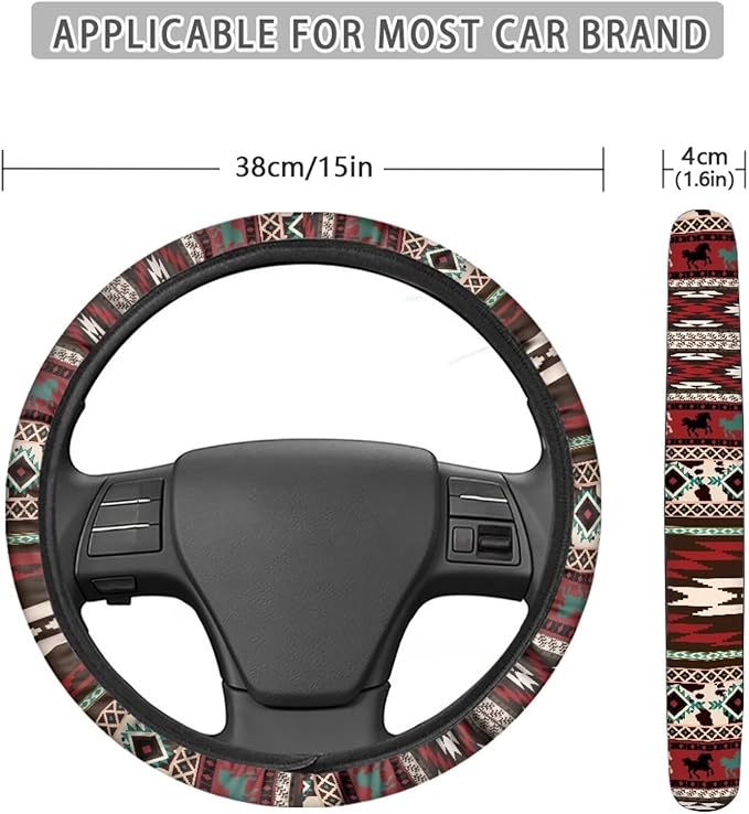 SEANATIVE Red Ethnic Tribes Auto Steering Wheel Cover Universal 14inch-15inch Steering Wheel Covers for Women Car Interior Accessories