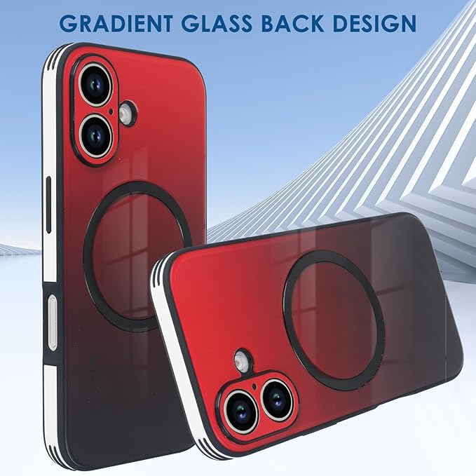 Guppy Compatible with iPhone 16 Case Magnetic, with Full Camera Lens Protector [Compatible with MagSafe] Scratch Resistant Gradient Glass Back Cover Phone Case-Red