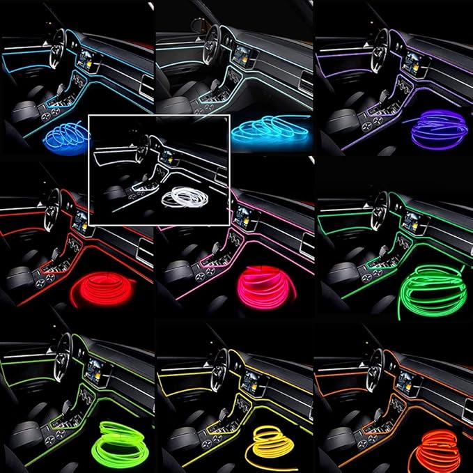 MaxLax Blue LED Neon Car Interior Lighting Strip - 3 Meter Flexible 12V EL Wire with Built-in Fuse Protection for Automotive Interior Customization, Featuring 6mm Sewing Trim for Easy Installation.