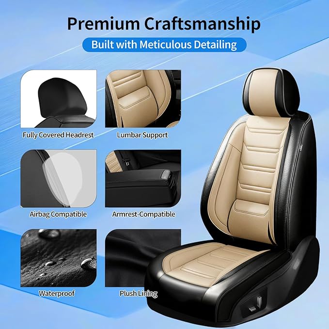 Fit Mazda 3 Car Seat Covers for Select Mazda 3 2010-2019 - Full Coverage Leather, Airbag Compatible, Waterproof & All Weather Seat Cushion Protector, Full Set, Black+Beige