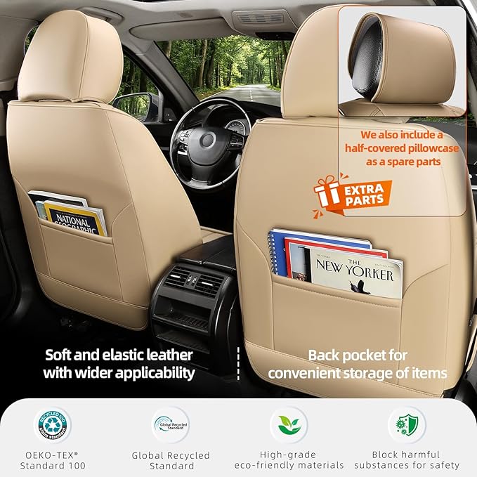 KEYOOG 2-Seater Waterproof and Breathable Nappa Leather Car Seat Covers Full Set, Fit for Front Seats of Cars, Compatible with Airbags, Car Seat Protector Covers for Most Cars - Beige
