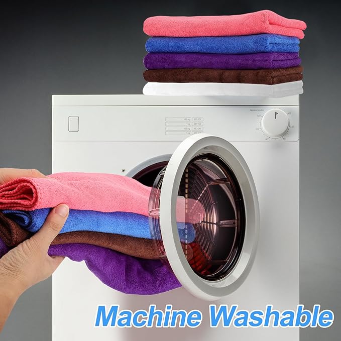 HARFINGTON 4 Pack Microfiber Cleaning Cloth, 10" x 10" Multi-Functional Cleaning Towels Reusable Absorbent Rags with Hook for Car Wash Kitchen Household Window Clean, Purple