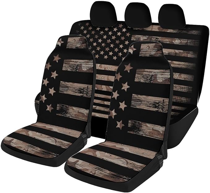 5 Pcs Premium Black Flag Car Seat Cover, Breathable & Washable Car Seat Covers Full Sets, Fashionable Printed Seat Covers for Cars Interior, Universal Fit for Most Cars, Sedan, Truck, SUV