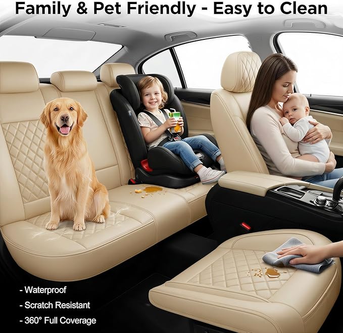 Fit Integra Car Seat Covers for Acura Integra 2023-2026 - Premium Leather, Waterproof, All-Weather, Airbag Compatible, Anti-Slip, Breathable, Easy Install, Seat Protectors, Full Set, Beige