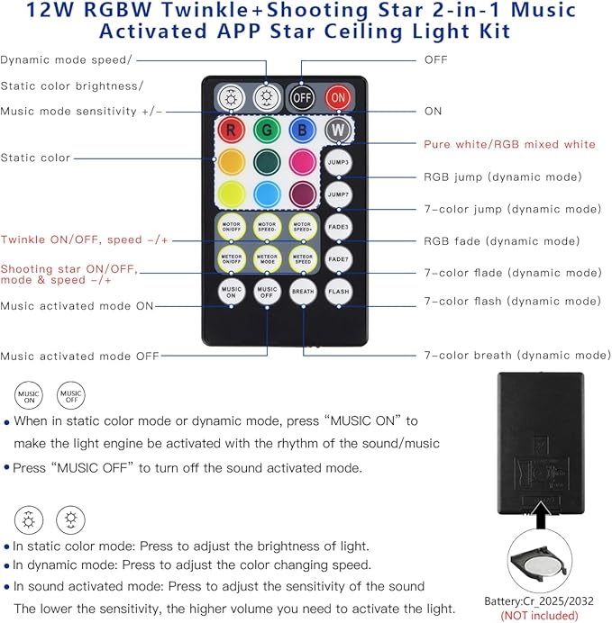 AKEPO 12W Shooting Star+Twinkle All-in-one Fiber Optic Lights Kit, Car Home Use 460pcs of (0.03+0.04+0.06in) 9.8ft +240pcs Meteor Optical Fiber Remote Music Sync APP Control Star Ceiling Sky Light