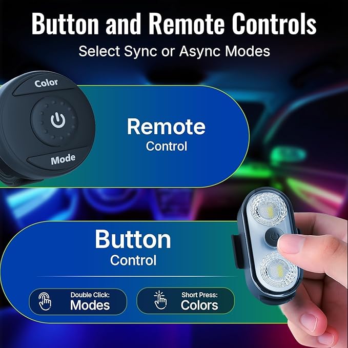Wireless LED Lights for Car 2PCS- Button and Remote Control Interior Ambient Strobe Light, USB-C 120H 8 Colors IP65 Waterproof Rechargeable Underglow Light for Cars, Trucks, eBike, Motorcycle