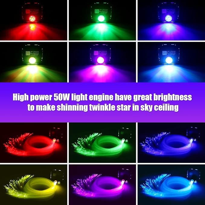 AZIMOM High Brightness 50W Twinkle Fiber Optic Starlight Kits Mixed800pcs 16.5ft Fiber Strands End Glow Sound Activated Bluetooth/APP Remote Control Theater Ceiling Home Shop Lobby Roof Decor