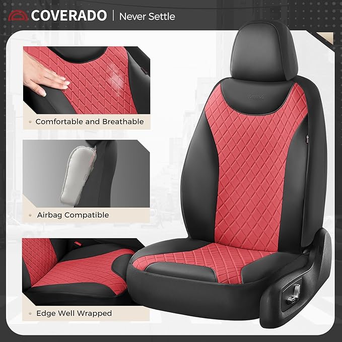 Coverado Front and Rear Seat Covers, 5 Packs Leather Seat Covers for Cars, Car Seat Protectors with Splicing Design，Universal Car Seat Cushions Waterproof Seat Covers Fit for Most Cars, Black & Red