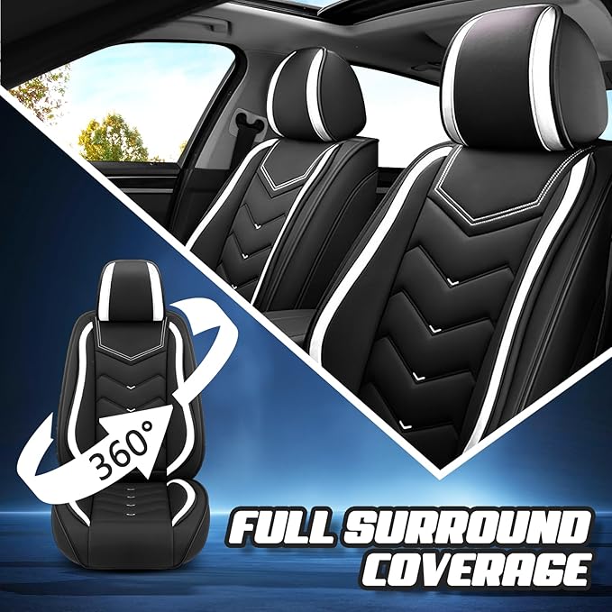 Car Seat Covers for Fiat 500 2012-2019, Premium Nappa Leather Car Seat Cover, Stylish Sport Seat Covers， Automobile Seat Cover Sets.(Standard 2 Seats/Black White)