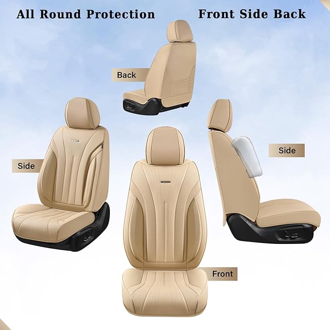Coverado Car Seat Covers Full Set, Breathable Nappa Leather Seat Covers for Cars, Universal Seat Covers, Front and Back Waterproof Car Seat Protector, Automotive Seat Cushion Fit Most Cars(Beige)