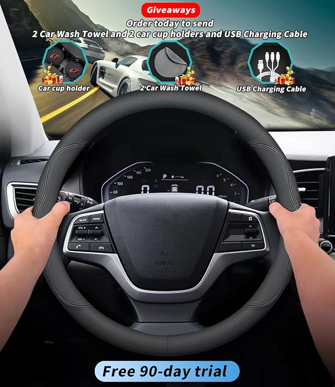 Custom-Fit Leather Car Steering Wheel Cover, 15 inches, B-Style, For Toyota