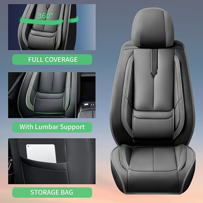 Fit Ridgeline Car Seat Covers for Honda Ridgeline 2007-2025 2026-Upgraded Premium Waterproof & Breathable Leather,Airbag Compatible,All-Weather Seat Cushion Protector,Full Set,Black-Grey