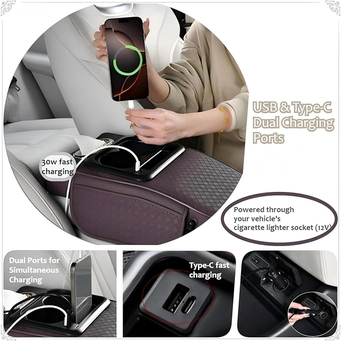 2026 Upgraded Car Center Console Cushion with 30w USB& Type-C Charging Ports, Leather Car Armrest Pad Cover, Interior Accessories for Most Vehicles (Classic Flat Version, Beige)