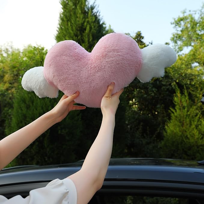 2 Pack Heart Shaped Cute Car Headrest Pillow with Angel Wings - Comfortable Soft Head Rest Cushion Kawaii Car Accessories Neck Pillow for Driving Travelling Office Home Decor - Light Blue Love Heart