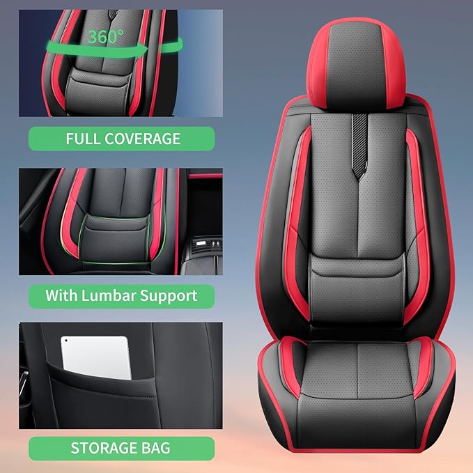 Fit Camry Car Seat Covers for Toyota Camry 2012-2024 2025 2026 -Upgraded Premium Waterproof & Breathable Leather,Airbag Compatible,All-Weather Seat Cushion Protector,Full Set,Black-Red