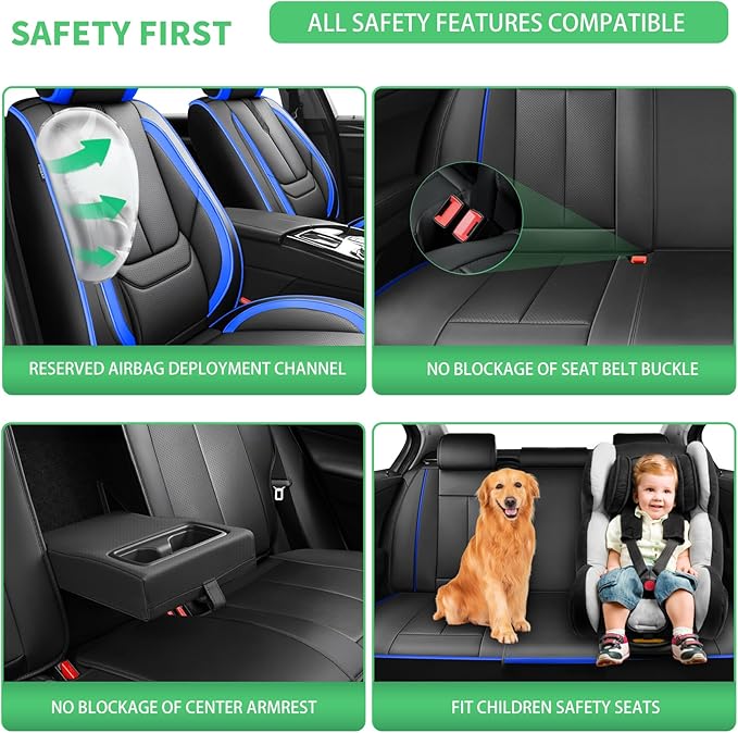 Fit Santa Fe Car Seat Covers (5 Seats) for Select Hyundai Santa Fe 2007-2025 2026 - Full Coverage Leather,Airbag Compatible, Waterproof & All Weather Seat Cushion Protector,Full Black-Blue
