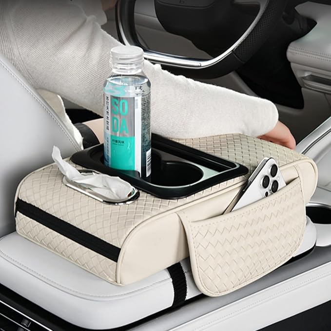 Car Armrest Cushion Cover Car Center Console Memory Foam Booster Pad with Storage Pocket and Tissue Hole for Sedan Vehicle (Cupholder - Coffee, 13.39 * 7.68 * 2.95'' / 34 * 19.5 * 7.5cm)