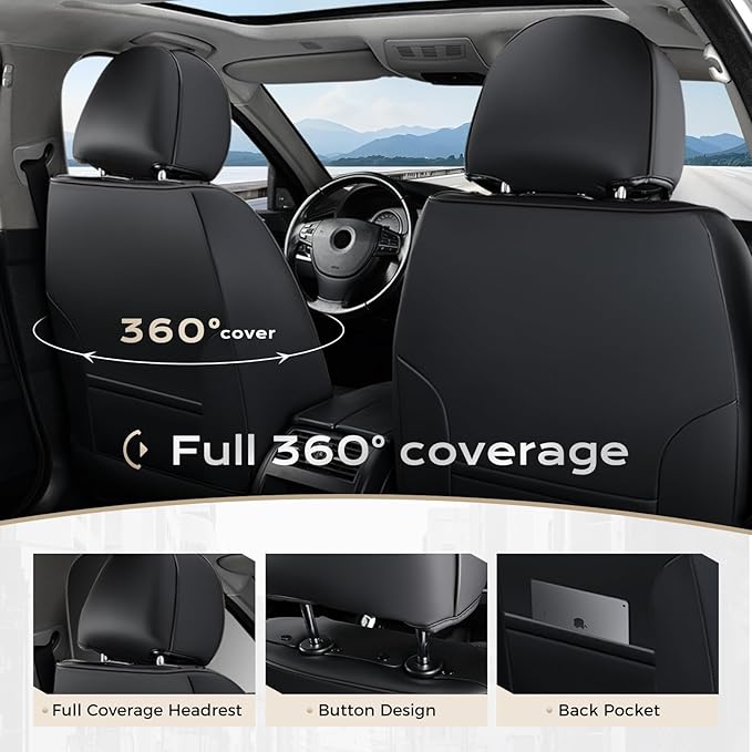 Coverado Leather Seat Covers Full Set, Black and Red Leather Car Seat Cover, Waterproof Car Seat Protector with Lumbar Support, Automotive Seat Covers Universal Fit for Most Cars SUV Truck