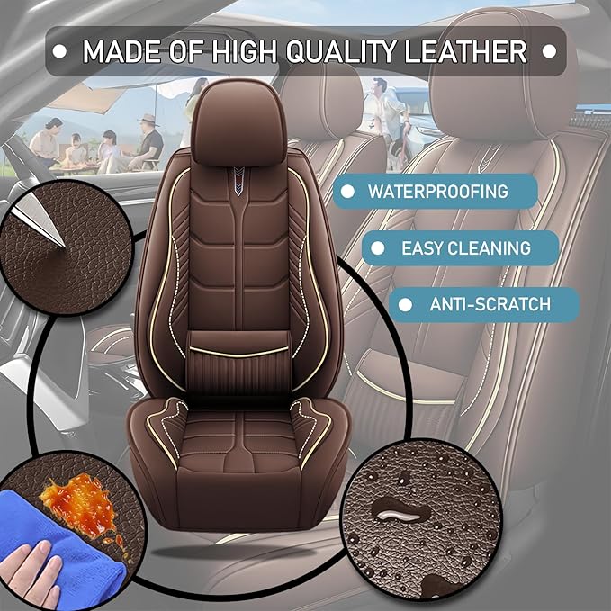 Leather Car Seat Covers Fit for Toyota Tacoma 2005-2024, 5 Seater Car Seat Cover, Premium Waterproof, Scratch Resistant Car Interior Accessories (Full Set Coffee)