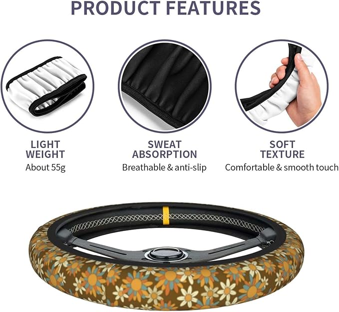 Flowers Cute Steering Wheel Cover Non-Slip Breathable Sweat-Absorbent Suitable for SUV Van Truck Car Universal Protection Accessories 15 Inch Suitable for Women Men