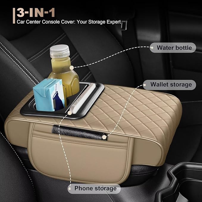 Center Console Cover Fit for bZ4X Faux Leather Car Armrest Cushion with Storage Bags, Cup Holder ＆ Phone Storage Multifunctional Middle Console Cover(Beige)