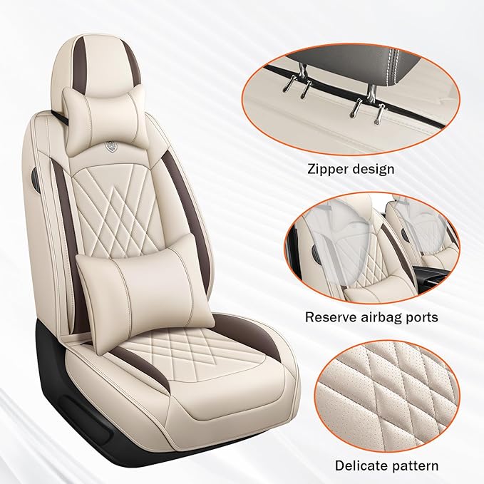 Car Seat Covers Compatible with Toyota Camry 2012-2026 Durable Waterproof Automotive Seat Covers Stretchable, Airbag Compatibility, Premium Nappa Leather(Beige Brown, 2 Pcs Front with Pillow)