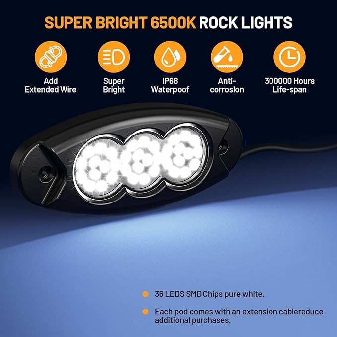 6 Pods White Rock Lights, 36 LEDs 6500K Ultra Bright IP68 Waterproof Underbody Lights for Car Truck Pickup Boat RV RZR ATV with 16.4ft Extension Wire