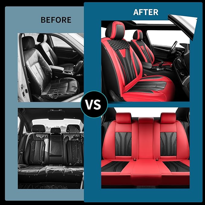 Fit Kona Car Seat Covers for Select Hyundai Kona 2018-2025 2026. Premium Leather, Waterproof， Breathable, Scratch-Resistant & All-Weather Seat Cushion Protector (Front Pair, Red&Black)