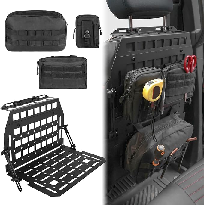 Heavy Duty Car Back Seat Rigid MOLLE Panel Headrest Insert Organizer Storage Rack Compatible With For Chevy Solod Jeep Wrangler Gladiator Toyota Tacoma Ford Bronco F150 Backseat Storage Panel