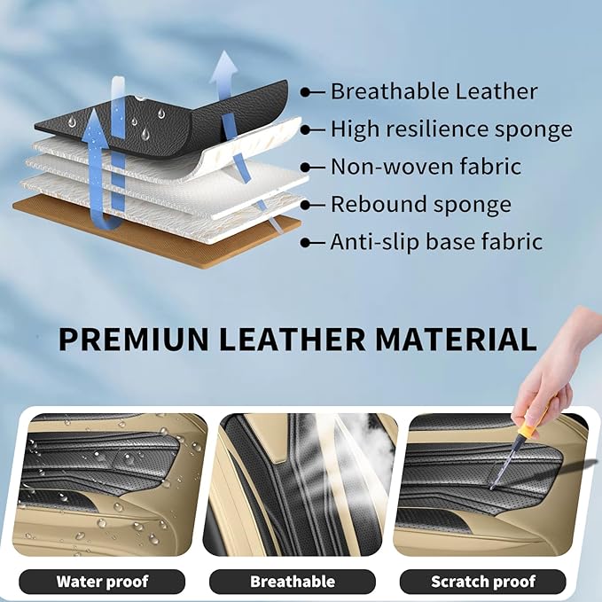 Fit Leaf Car Seat Covers Compatible with Nissan Leaf 2012-2025 2026 - Full Set Premium Leather， Waterproof Breathable， All-Weather Seat Cushion Protecto&Airbag Compatible （Beige & Black