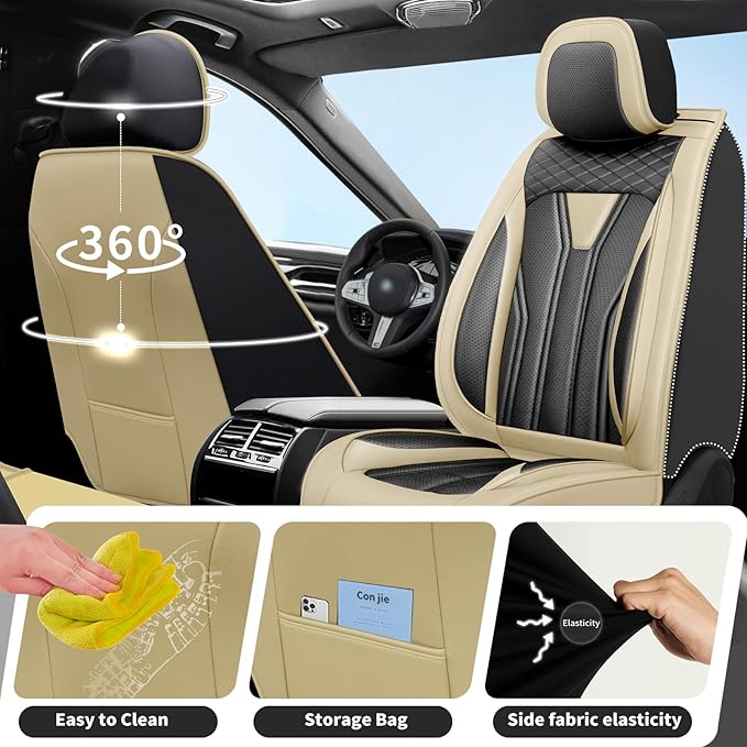Fit Murano Car Seat Covers Compatible with Nissan Murano 2004-2025 2026 - Premium Leather， Waterproof Breathable， All-Weather Seat Cushion Protecto&Airbag Compatible (2 Front Seat Beige&Black)