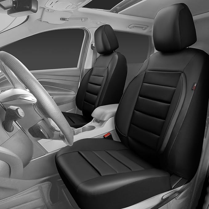 CAR PASS Faux Leather Car Seat Covers Front Seats Only, 3D Foam Support Car Seat Covers, Universal fit for Trucks Vans SUVs Sedans Automotive Comfortable, Airbag Compatible 2 Pieces Front Solid Black