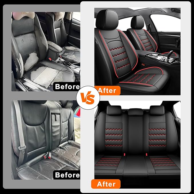 CX-3 Car Seat Covers Fit for Mazda CX-3 2016-2021, Full Coverage Premium Leather Waterproof Breathable Seat Covers, Automotive Seat Protectors, Airbag Compatible(2 Front Seats, Black & Red)
