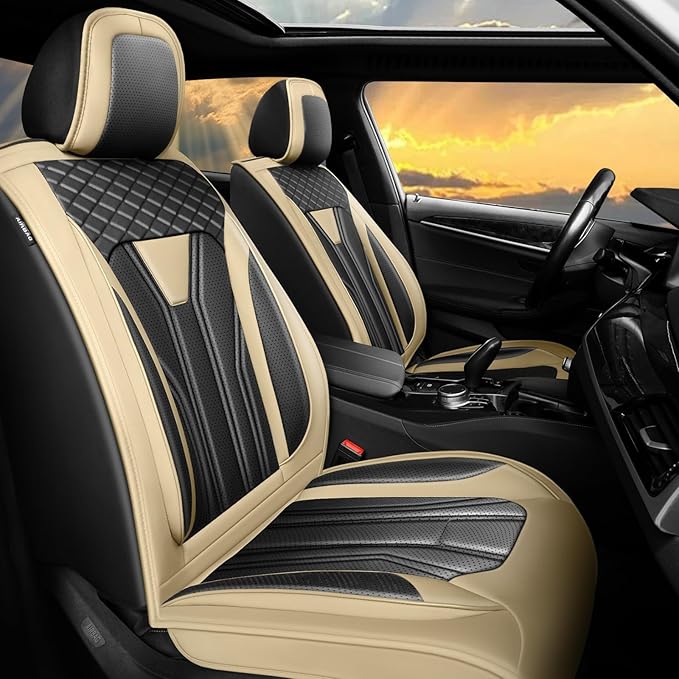 Fit Leaf Car Seat Covers Compatible with Nissan Leaf 2012-2025 2026 - Full Set Premium Leather， Waterproof Breathable， All-Weather Seat Cushion Protecto&Airbag Compatible （Beige & Black