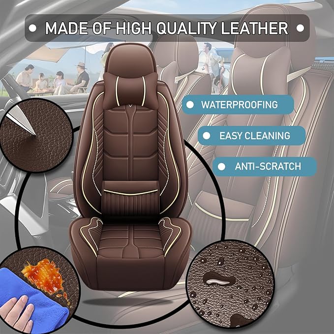 Leather Car Seat Covers Fit for Toyota Highlander 2001-2024, 5 Seater Car Seat Cover, Premium Waterproof, Scratch Resistant Car Interior Accessories (Full Set with Pillow Coffee)